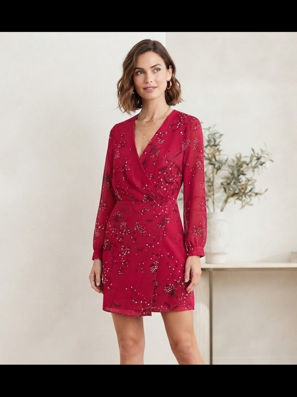Madewell Red Floral Surplice Long-Sleeve Mini Dress - Picture 1 of 5